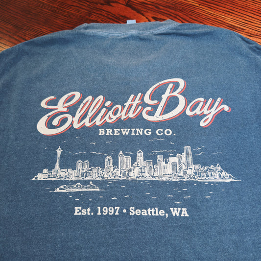Faded Navy Seattle Skyline T-Shirt with hand-drawn Elliott Bay Brewing Co. Seattle skyline design